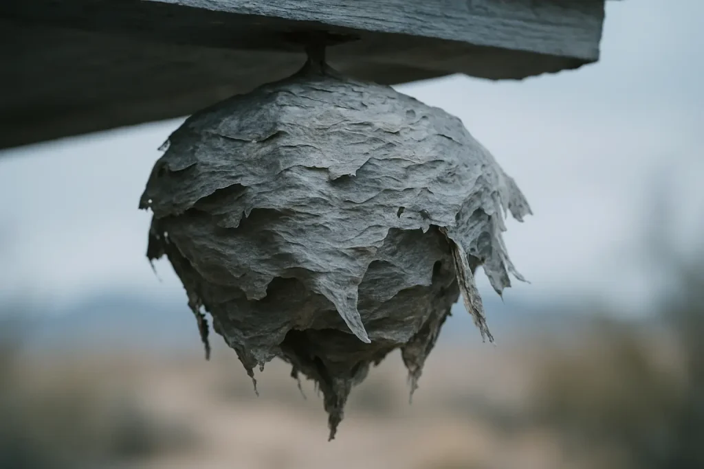 close-up of a weathered, abandoned Arizona paper wasp nest hanging under a wooden eave in winter