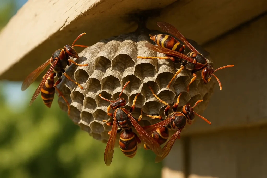 macro view of multiple Arizona paper wasps building a hexagonal paper nest under a roof eave in summer