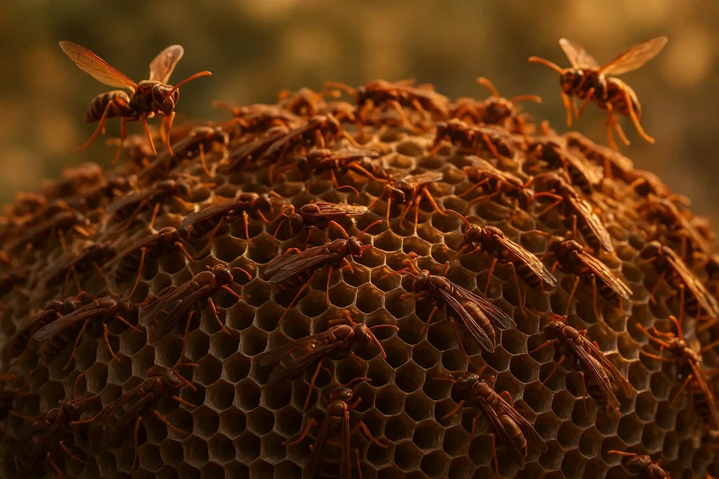 close-up of a large Arizona paper wasp nest covered with dozens of active worker wasps in warm evening light
