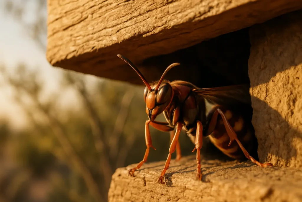close-up of an Arizona paper wasp queen crawling out from a crevice under a wooden eave in early spring sunlight