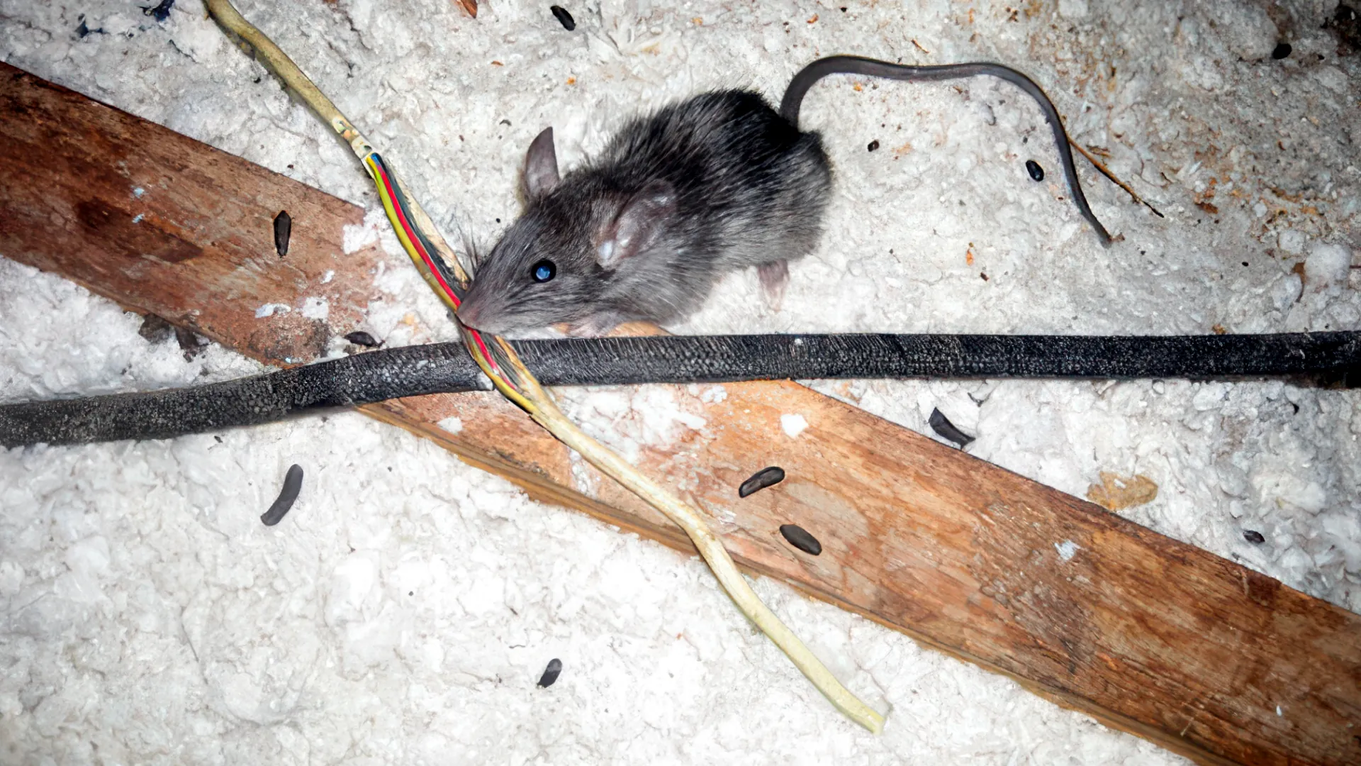 Rat chewing wiring insulation in an attic