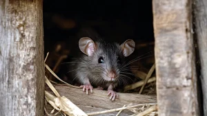 wild brown rat peaking out of a barn