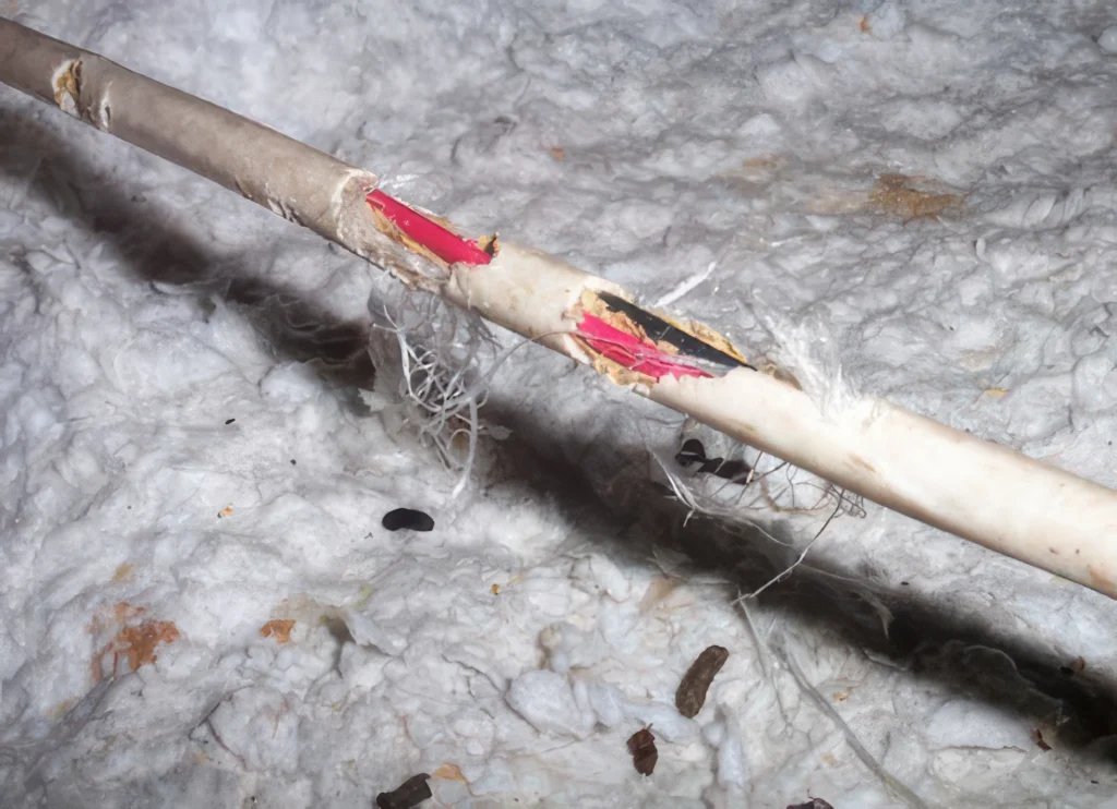 Electrical wires with chew marks and rodent droppings in attic insulation.