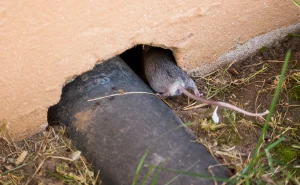 Rodent squeezing into a drainage pipe at the base of a home