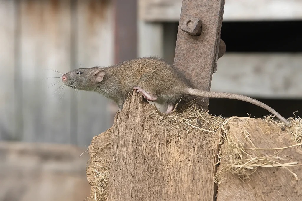 Norway rat climbing on wooden boards outdoors by a barn or shed.