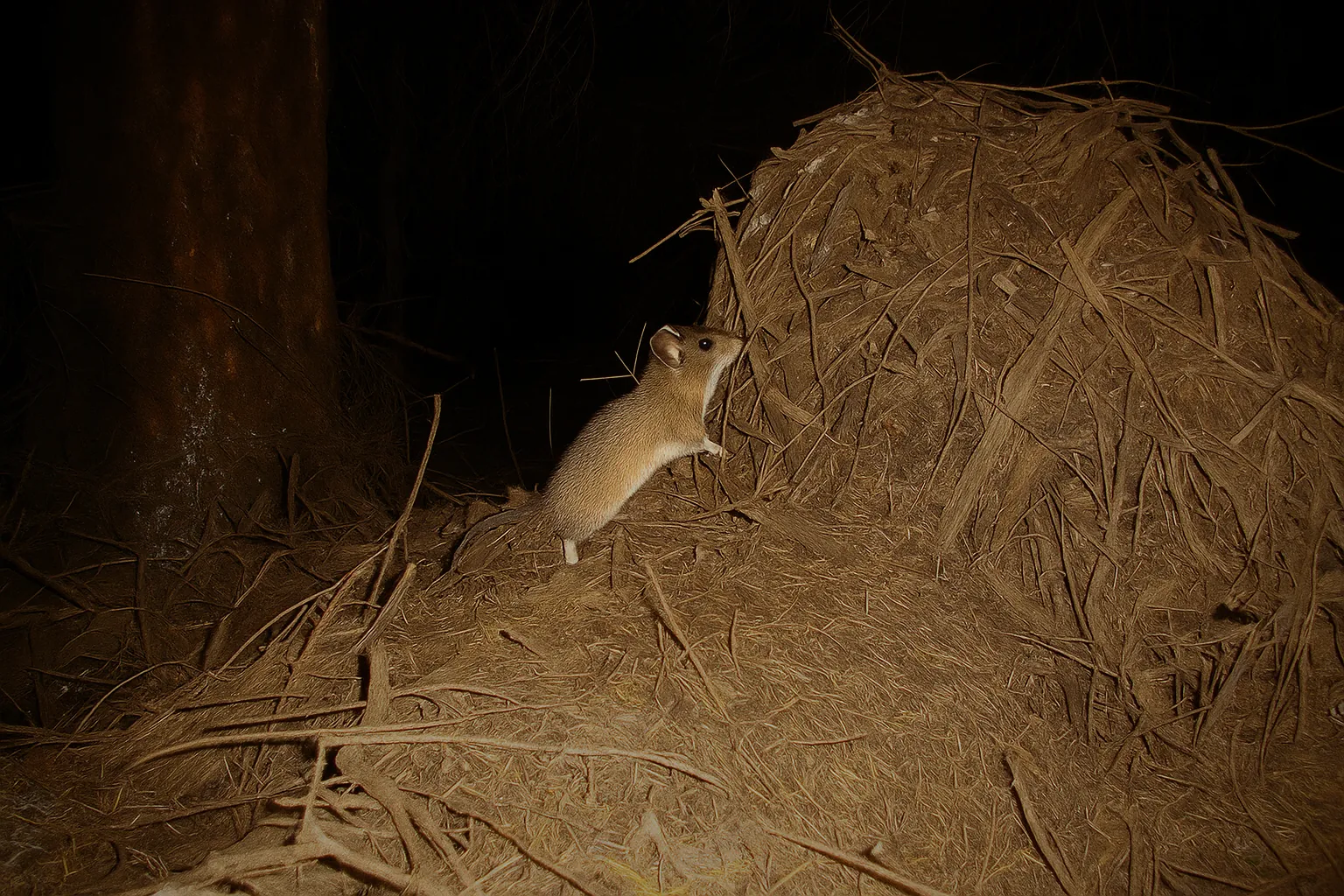 Pack rat beside its nest, the species that chews vehicle wiring in Arizona