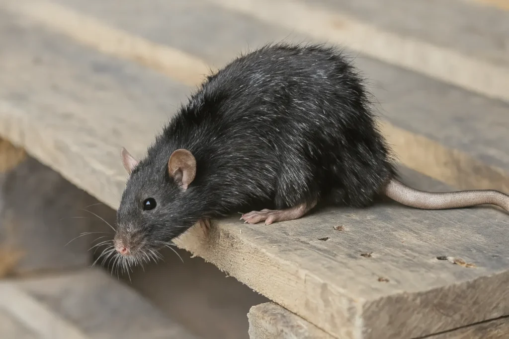 Black roof rat on wooden deck, typical rodent pest in Phoenix area homes