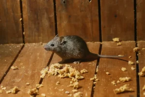 Rodent (mouse) eating food crumbs on wooden floor inside home, sign of indoor rodent infestation