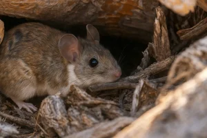 Pack rat hiding in desert wood shelter
