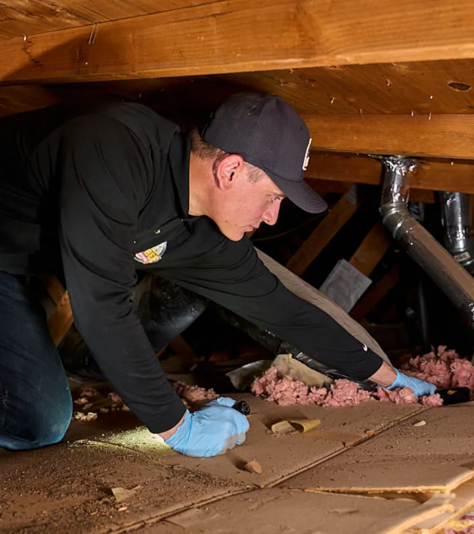 Technician searching a Phoenix attic for roof rat activity