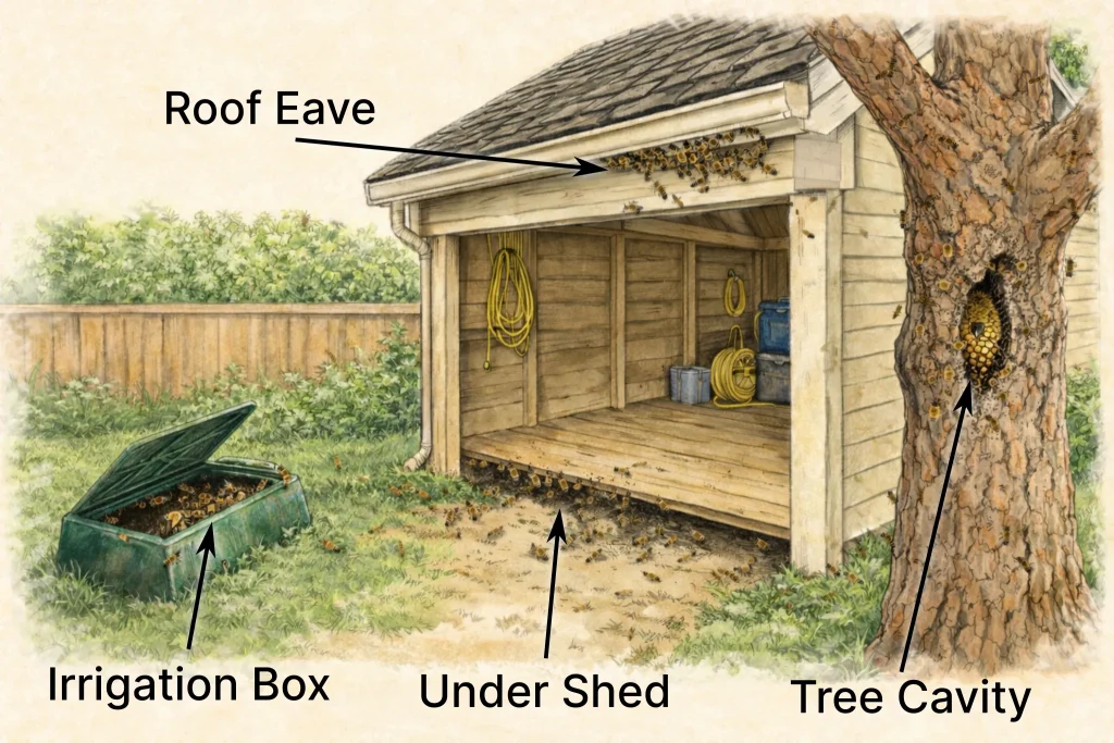Illustration of a backyard showing common bee hive locations including roof eaves, an irrigation box, under a shed floor, and a tree cavity where honey bees commonly build hives in Arizona.