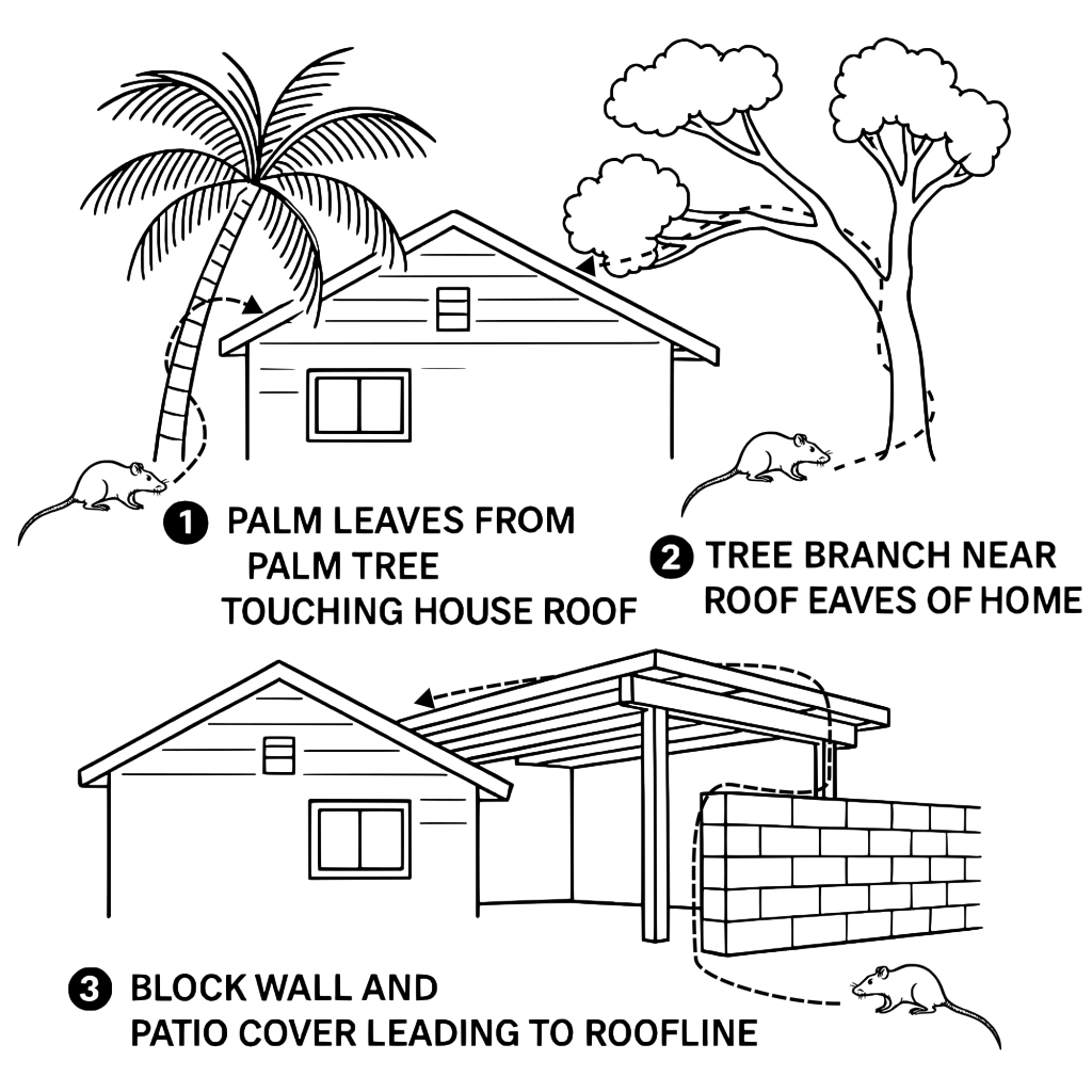 Diagram showing roof rat access routes including palm fronds touching the roof, a tree branch near roof eaves, and a block wall with patio cover leading to the roofline.