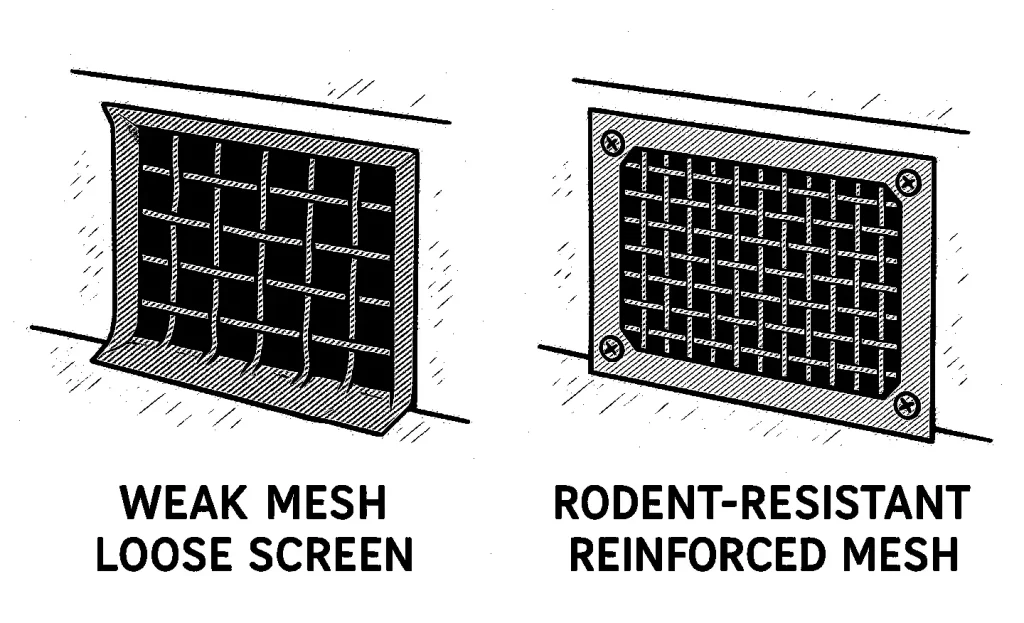 Comparison illustration showing a weak loose vent screen versus a rodent-resistant reinforced mesh screen secured with fasteners.