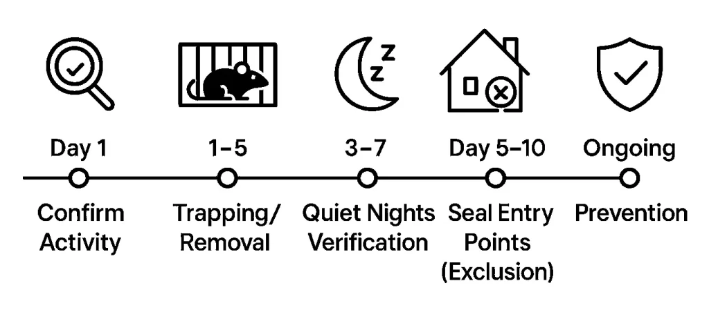 Timeline infographic showing steps for attic rat control including confirming activity, trapping and removal, quiet night verification, sealing entry points, and ongoing prevention.