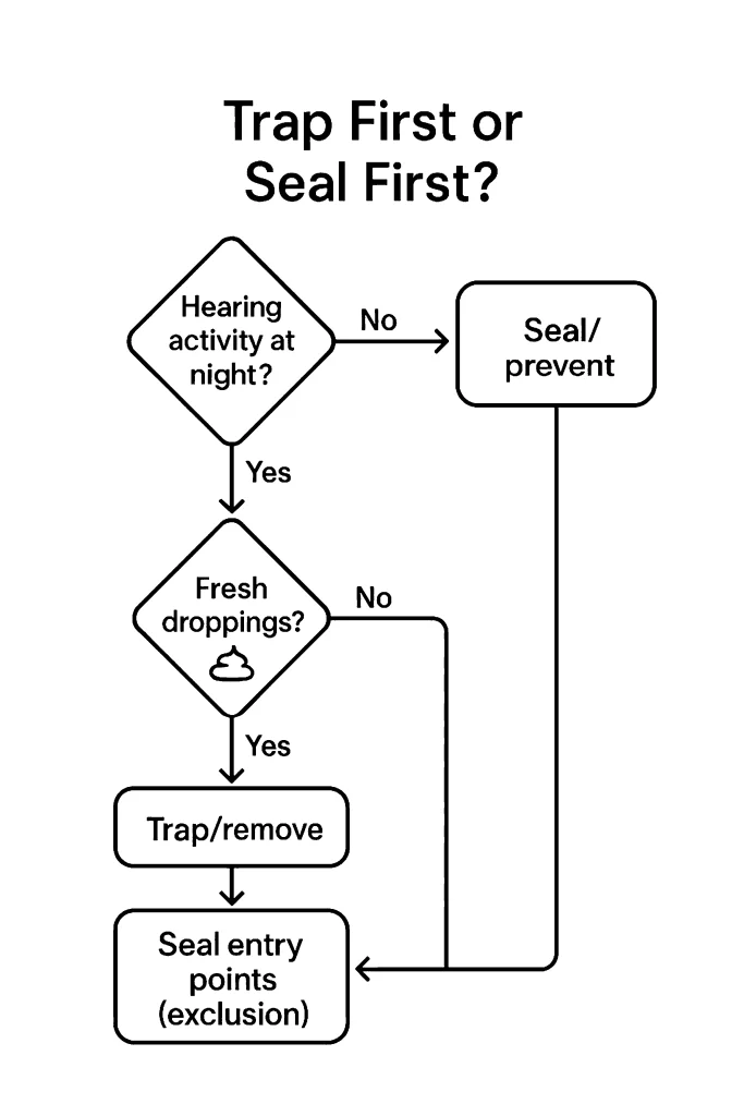 Flowchart showing whether to trap or seal first based on nighttime activity and presence of fresh rodent droppings.