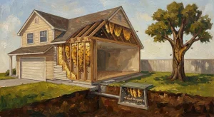 Illustration showing common locations where honey bee colonies nest in and around a home, including walls, roofs, trees, and underground valve boxes.