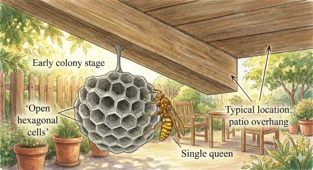Golden paper wasp queen scouting a roof tile gap and protected overhang in early spring in Phoenix.