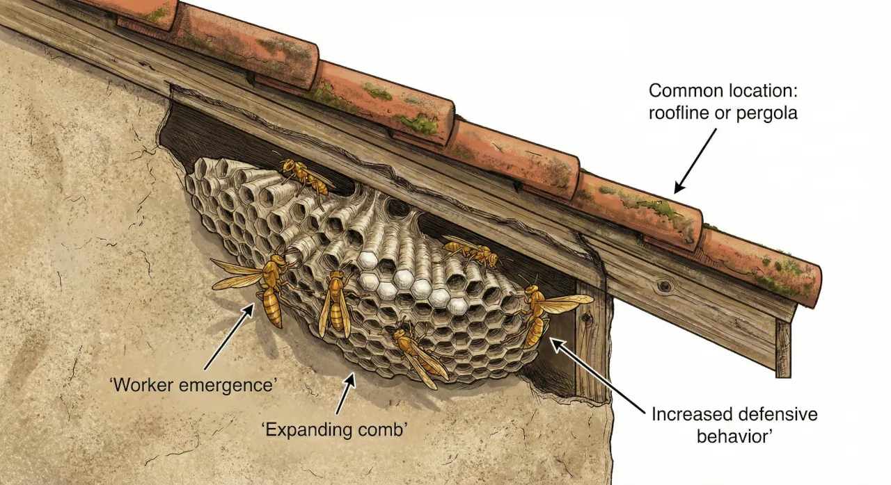 Expanding golden paper wasp nest under a roofline with worker wasps on the comb