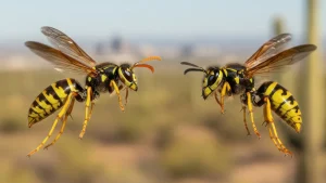Two yellowjackets hovering face-to-face in flight against a desert background.