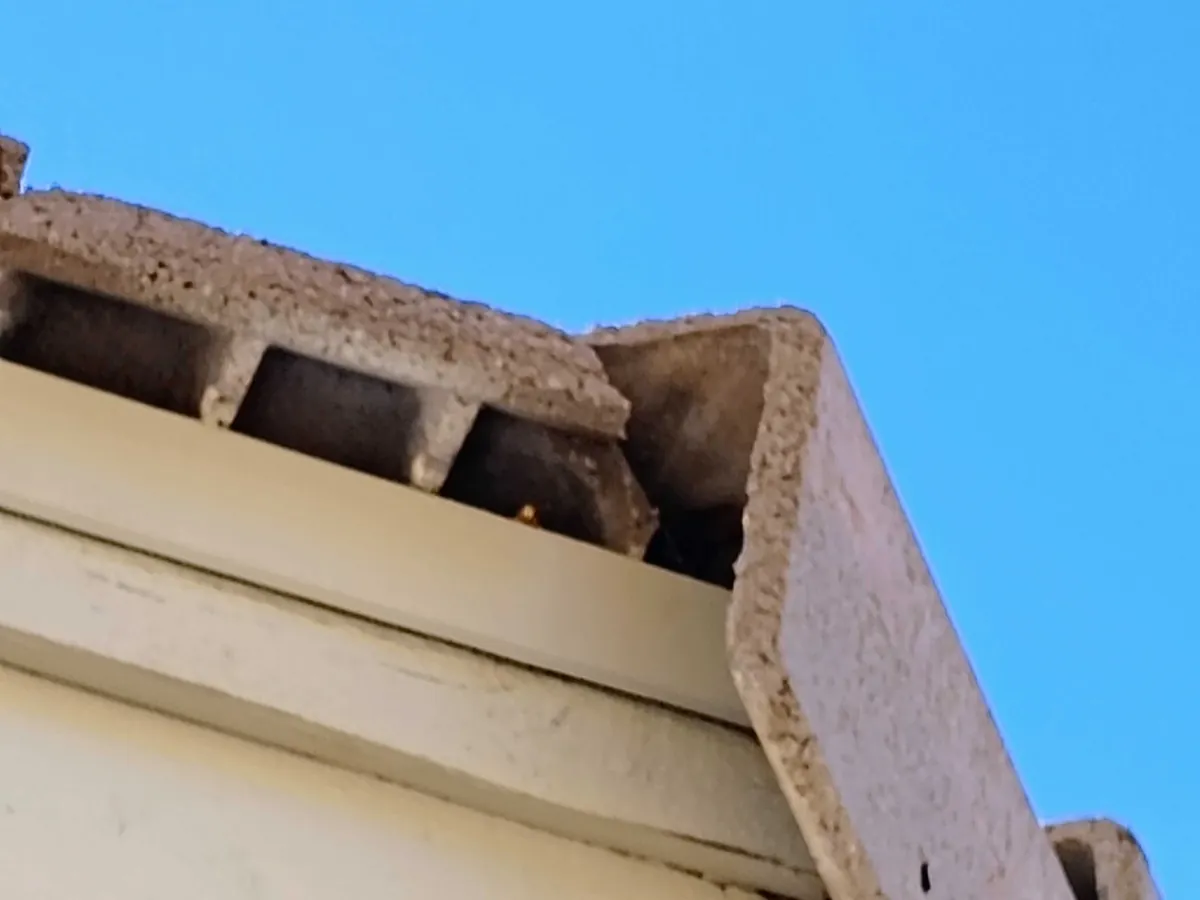 The eave of a tile roof against a blue sky with the open channel under the first course visible