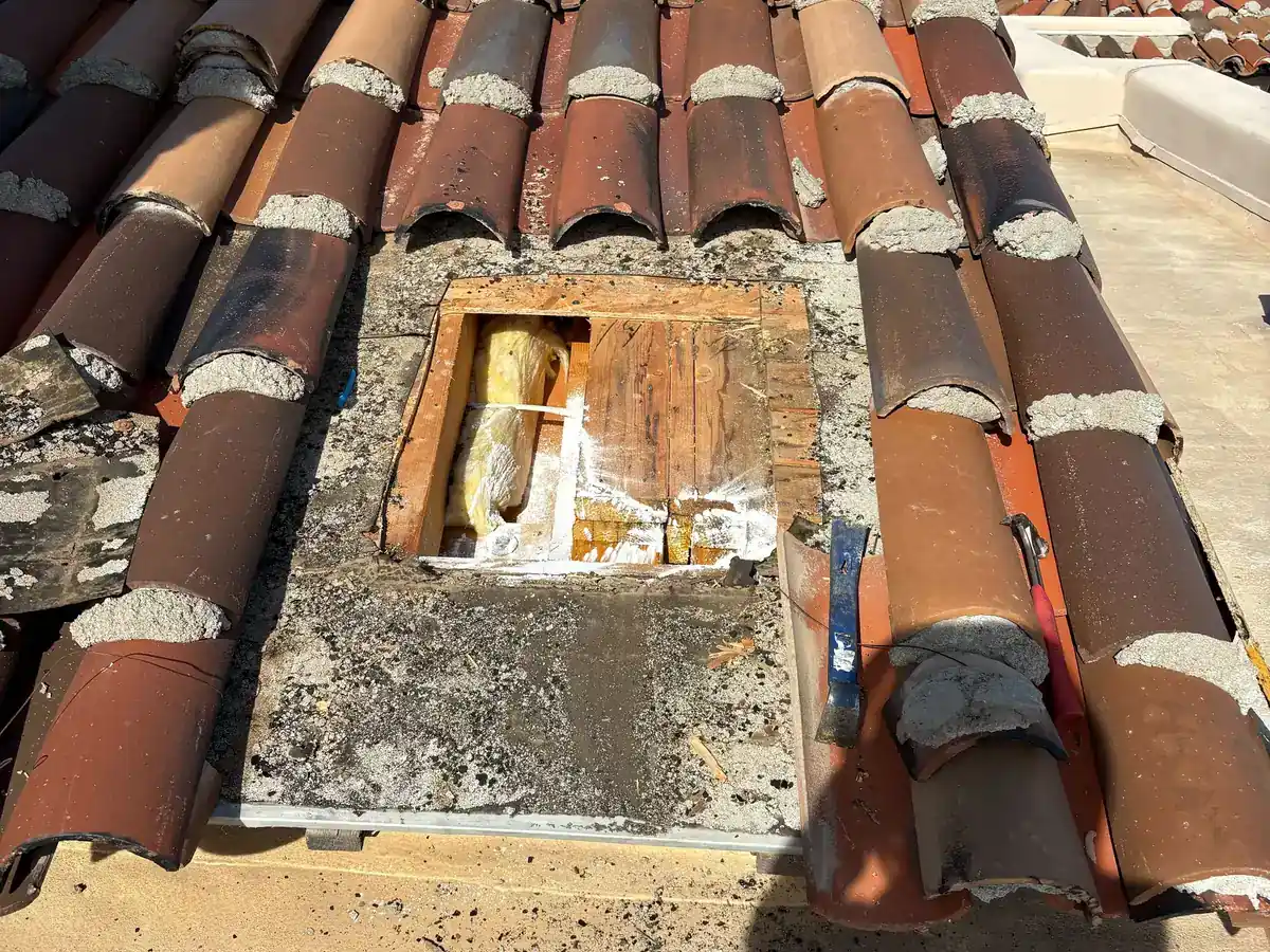 Roof tiles lifted away to expose the timber and cavity underneath