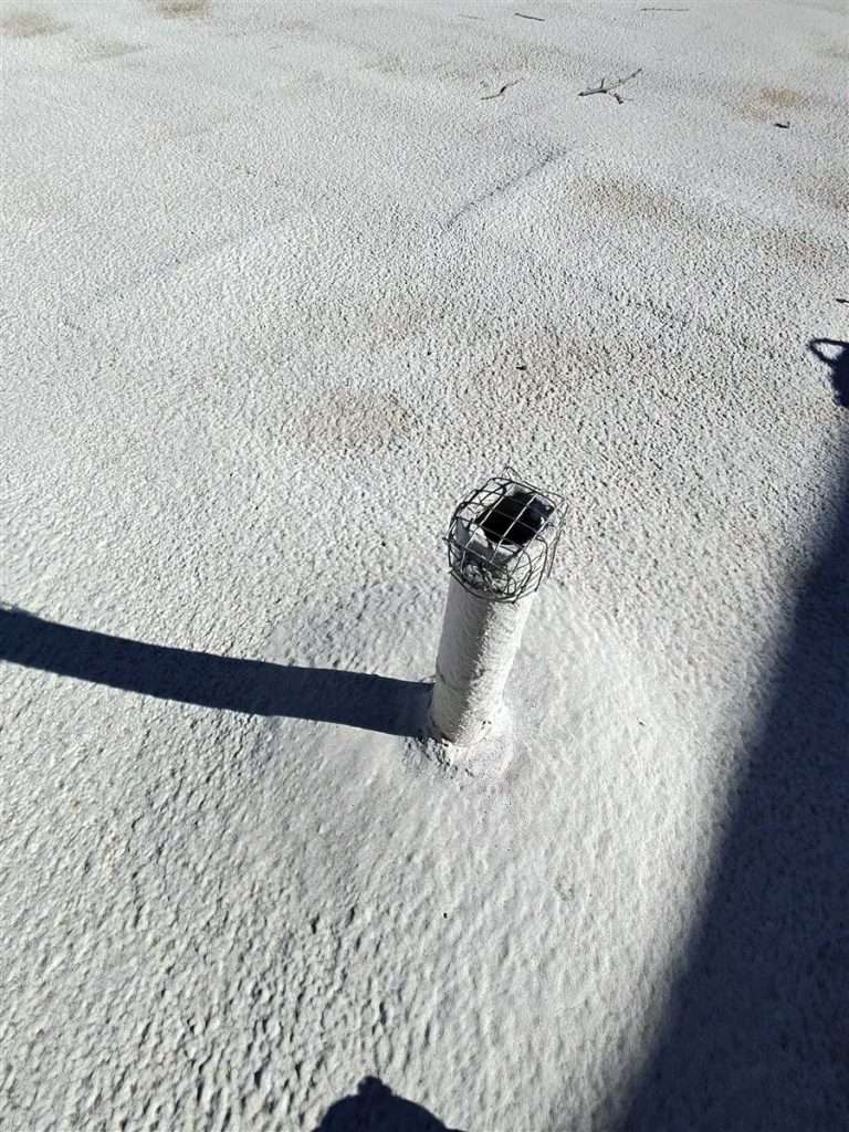 Pipe vent on a flat foam roof capped with wire mesh, Tempe